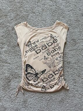 Y2K Dark Fairy Butterfly "Babe" Graphic Ruched Side Top Women's Small